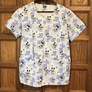Disney Scrub Top Small Blue Mickey V-Neck Pockets Short Sleeve Tie Back Medical
